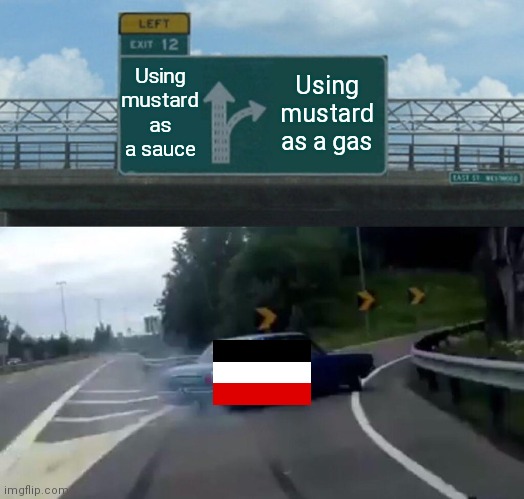 Germany chooses to use mustard as a gas | Using mustard as a sauce; Using mustard as a gas | image tagged in left exit 12 off ramp | made w/ Imgflip meme maker