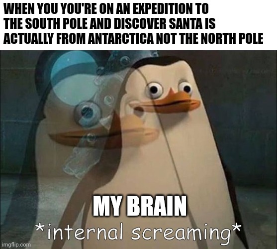 He's from Antarctica?!?!?!? | WHEN YOU YOU'RE ON AN EXPEDITION TO THE SOUTH POLE AND DISCOVER SANTA IS ACTUALLY FROM ANTARCTICA NOT THE NORTH POLE; MY BRAIN | image tagged in private internal screaming | made w/ Imgflip meme maker