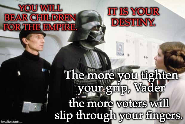 A woman's place is in the Senate -- and in the Resistance | YOU WILL BEAR CHILDREN FOR THE EMPIRE. IT IS YOUR
DESTINY. The more you tighten
your grip, Vader; the more voters will slip through your fingers. | image tagged in vader scolds leia,abortion,women's rights | made w/ Imgflip meme maker