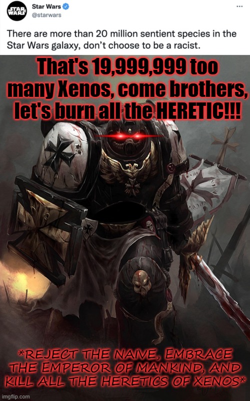 REJECT THE NAIVE, EMBRACED THE EMPEROR OF MANKIND!!! | That's 19,999,999 too many Xenos, come brothers, let's burn all the HERETIC!!! *REJECT THE NAIVE, EMBRACE THE EMPEROR OF MANKIND, AND KILL ALL THE HERETICS OF XENOS* | image tagged in warhammer40k,star wars,memes,meme | made w/ Imgflip meme maker