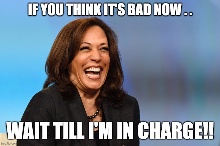 Kamala In Charge | IF YOU THINK IT'S BAD NOW . . WAIT TILL I'M IN CHARGE!! | image tagged in kamala harris laughing,president_joe_biden,women,democrats | made w/ Imgflip meme maker