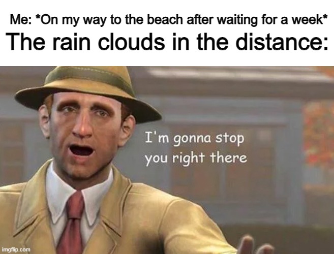 Leave when the weather is good, or wait for no reason and risk rain coming in... | The rain clouds in the distance:; Me: *On my way to the beach after waiting for a week* | image tagged in i m gonna stop you right there | made w/ Imgflip meme maker