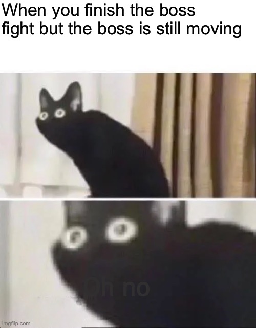 Oh No Black Cat | When you finish the boss fight but the boss is still moving; Oh no | image tagged in oh no black cat | made w/ Imgflip meme maker