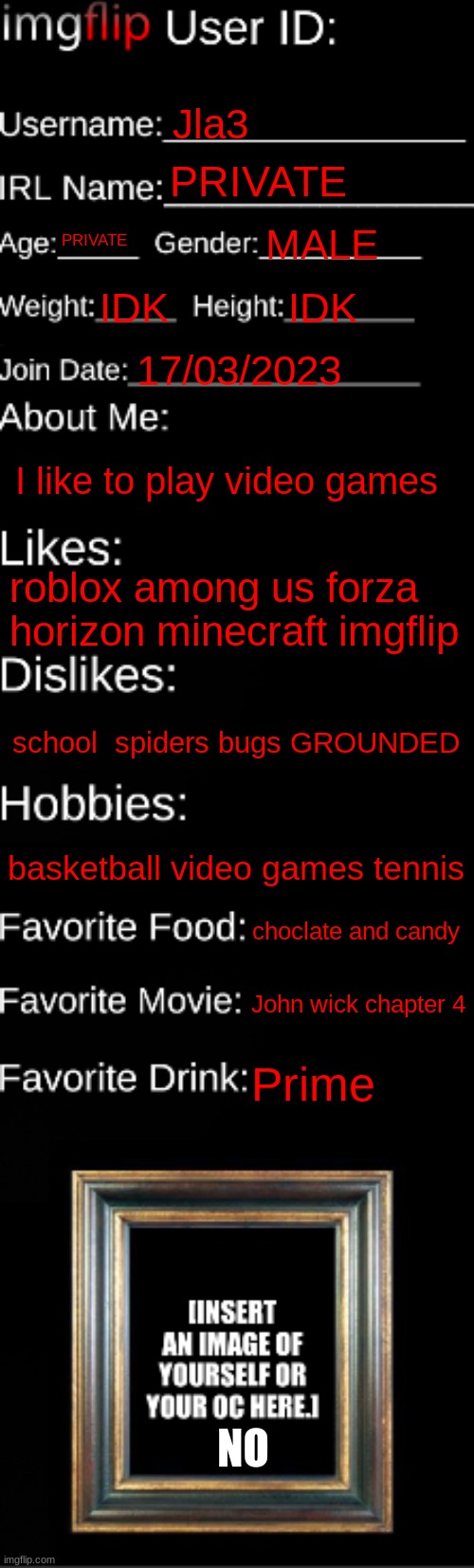 imgflip ID Card | Jla3; PRIVATE; PRIVATE; MALE; IDK; IDK; 17/03/2023; I like to play video games; roblox among us forza horizon minecraft imgflip; school  spiders bugs GROUNDED; basketball video games tennis; choclate and candy; John wick chapter 4; Prime; NO | image tagged in imgflip id card | made w/ Imgflip meme maker