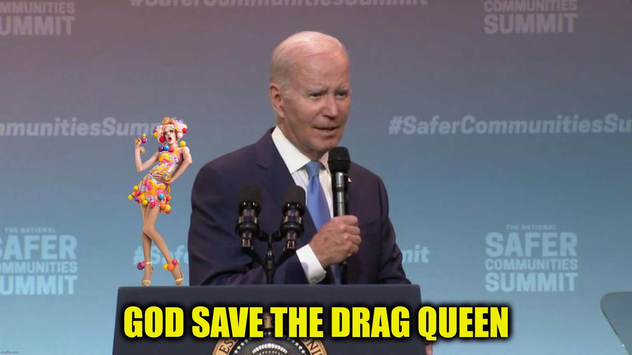 Bad Photoshop Sunday presents:  How the hell do I get off this stage?!!! | GOD SAVE THE DRAG QUEEN | image tagged in bad photoshop sunday,joe biden,drag queen | made w/ Imgflip meme maker