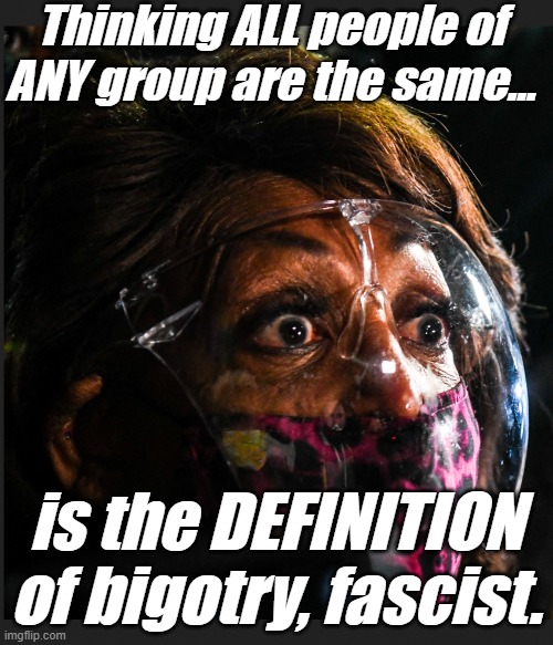 Mad Maxine | Thinking ALL people of ANY group are the same... is the DEFINITION of bigotry, fascist. | image tagged in mad maxine | made w/ Imgflip meme maker