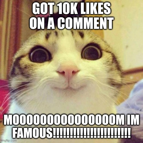 Smiling Cat | GOT 10K LIKES ON A COMMENT; MOOOOOOOOOOOOOOOM IM FAMOUS!!!!!!!!!!!!!!!!!!!!!!! | image tagged in memes,smiling cat | made w/ Imgflip meme maker