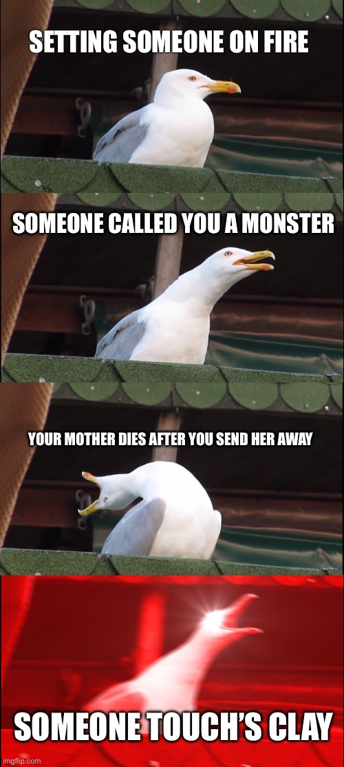 Inhaling Seagull Meme | SETTING SOMEONE ON FIRE; SOMEONE CALLED YOU A MONSTER; YOUR MOTHER DIES AFTER YOU SEND HER AWAY; SOMEONE TOUCH’S CLAY | image tagged in memes,inhaling seagull | made w/ Imgflip meme maker
