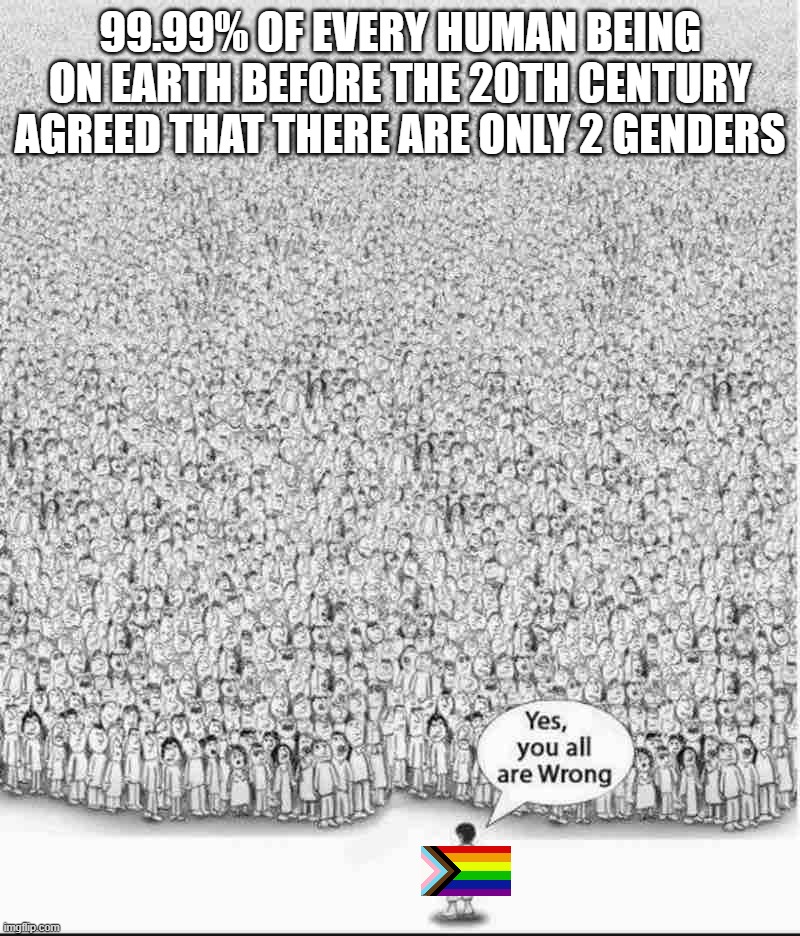 Yes, you are all wrong | 99.99% OF EVERY HUMAN BEING ON EARTH BEFORE THE 20TH CENTURY AGREED THAT THERE ARE ONLY 2 GENDERS | image tagged in yes you are all wrong,transgender,2 genders,genders,lgbtq,lgbt | made w/ Imgflip meme maker