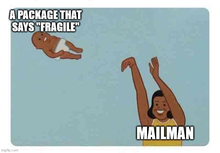 fragile package | A PACKAGE THAT SAYS "FRAGILE"; MAILMAN | image tagged in mom throwing baby,fragile,mail,mailman,package | made w/ Imgflip meme maker