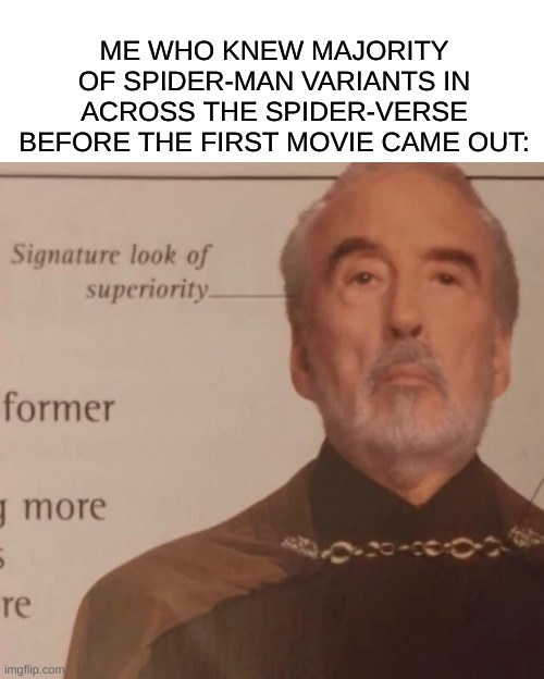 I get so upset when people think Scarlet spider, Spider-Man 2099, Miles Morales, etc. Originated in spider-verse | ME WHO KNEW MAJORITY OF SPIDER-MAN VARIANTS IN ACROSS THE SPIDER-VERSE BEFORE THE FIRST MOVIE CAME OUT: | image tagged in signature look of superiority,true story,memes | made w/ Imgflip meme maker