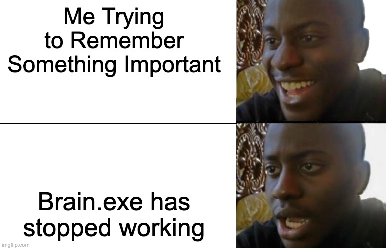 Me Trying to Remember Something Important | Me Trying to Remember Something Important; Brain.exe has stopped working | image tagged in disappointed black guy,bruh moment,meme,relatable,funny,memes | made w/ Imgflip meme maker