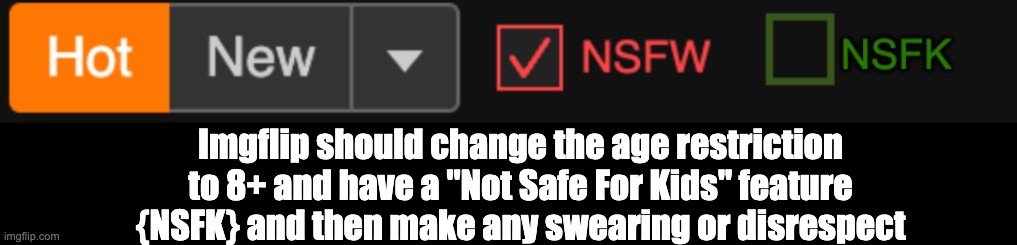 This is what i think it should look like, and then there could be a much bigger community on imgflip | Imgflip should change the age restriction to 8+ and have a "Not Safe For Kids" feature {NSFK} and then make any swearing or disrespect | image tagged in nsfk,age restrictions | made w/ Imgflip meme maker