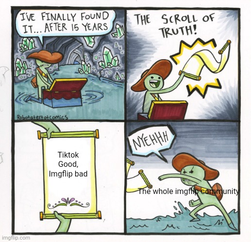 The Scroll Of Truth Meme | Tiktok Good, Imgflip bad; The whole imgflip community | image tagged in memes,the scroll of truth | made w/ Imgflip meme maker