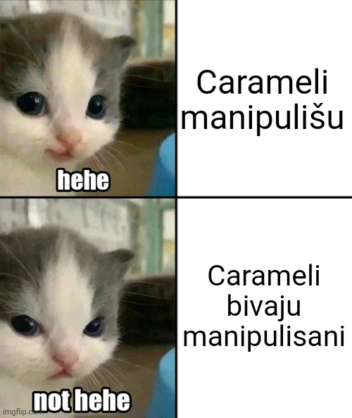 Cute cat hehe and not hehe | Carameli manipulišu; Carameli bivaju manipulisani | image tagged in cute cat hehe and not hehe | made w/ Imgflip meme maker