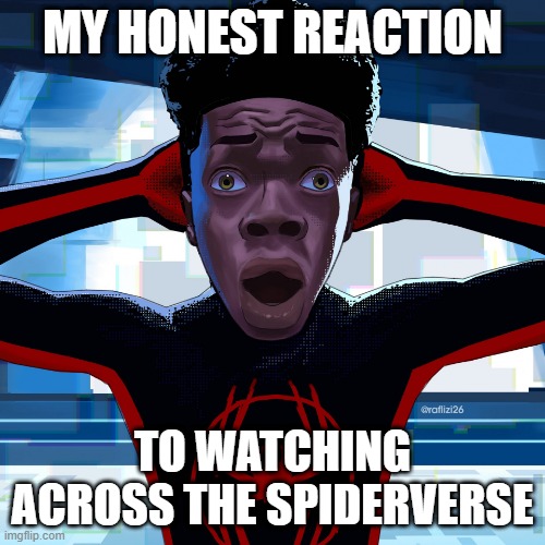 shocked miles morales | MY HONEST REACTION; TO WATCHING ACROSS THE SPIDERVERSE | image tagged in shocked miles morales | made w/ Imgflip meme maker
