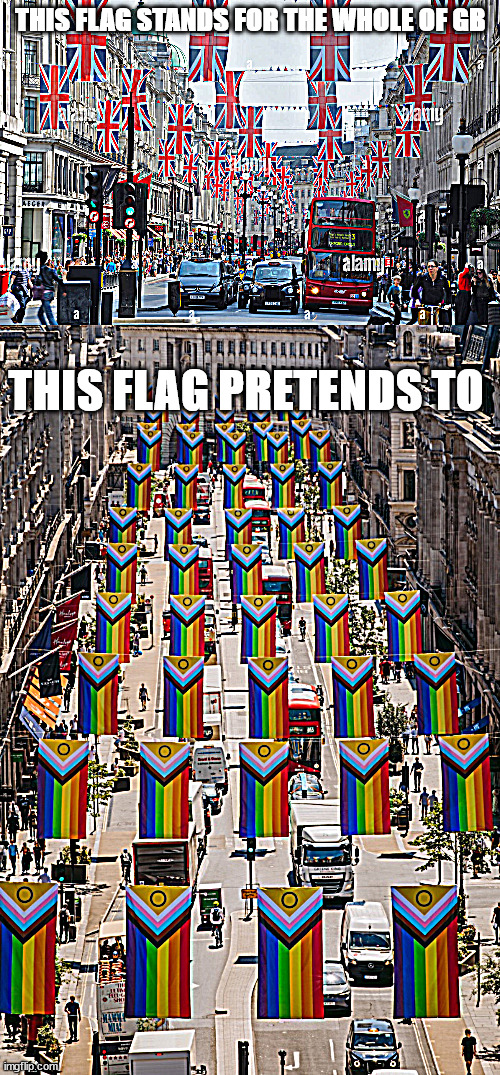LBGTQXYZ2+2=7 Flag Vs GB Flag | THIS FLAG STANDS FOR THE WHOLE OF GB; THIS FLAG PRETENDS TO | image tagged in lgbtq,uk,flags,great britain,cultural marxism | made w/ Imgflip meme maker