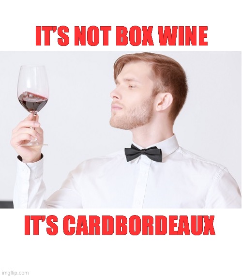 Wine Snob | IT’S NOT BOX WINE; IT’S CARDBORDEAUX | image tagged in wine snob | made w/ Imgflip meme maker