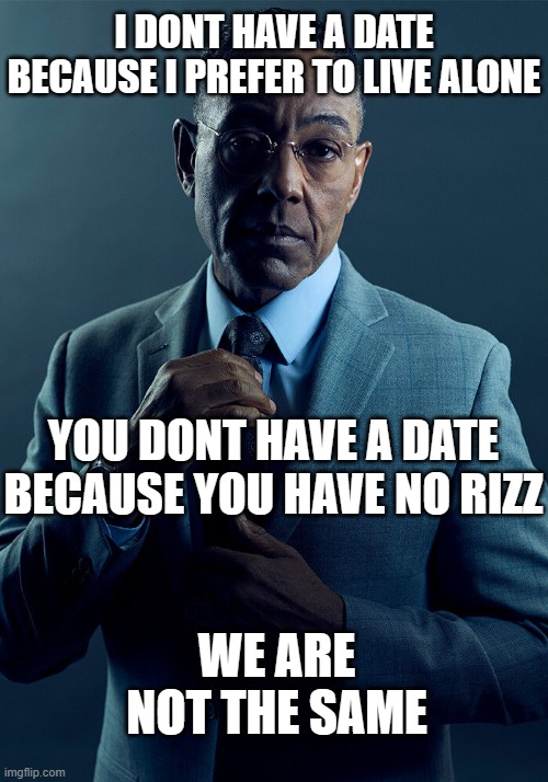 i will admit, i would rather live alone | I DONT HAVE A DATE BECAUSE I PREFER TO LIVE ALONE; YOU DONT HAVE A DATE BECAUSE YOU HAVE NO RIZZ; WE ARE NOT THE SAME | image tagged in gus fring we are not the same,damn,dank memes,gus fring,breaking bad | made w/ Imgflip meme maker