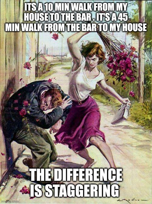 Beaten with Roses | ITS A 10 MIN WALK FROM MY HOUSE TO THE BAR . IT'S A 45 MIN WALK FROM THE BAR TO MY HOUSE; THE DIFFERENCE IS STAGGERING | image tagged in beaten with roses | made w/ Imgflip meme maker