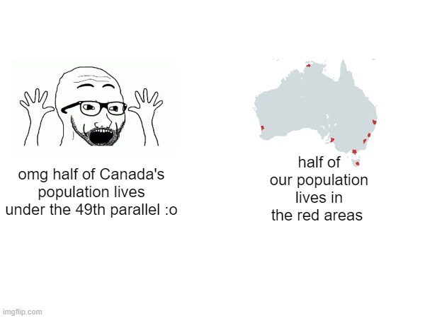 I have a theory: The giant spiders and mosquitos killed millions of people in Australia | half of our population lives in the red areas; omg half of Canada's population lives under the 49th parallel :o | image tagged in memes,canada,australia,population,overpopulation | made w/ Imgflip meme maker
