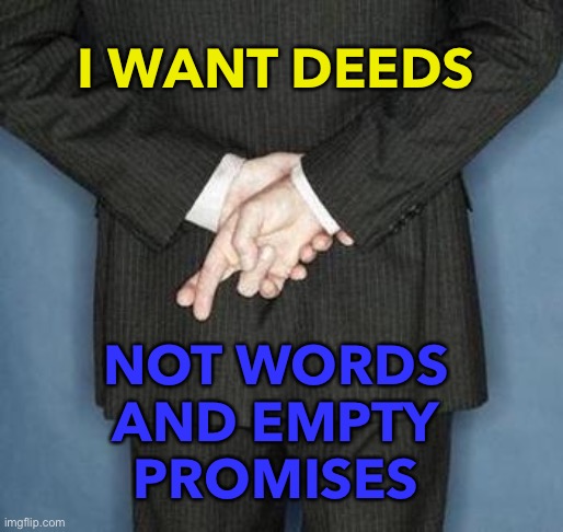 Not Words | I WANT DEEDS; NOT WORDS
AND EMPTY
PROMISES | image tagged in lying politician | made w/ Imgflip meme maker
