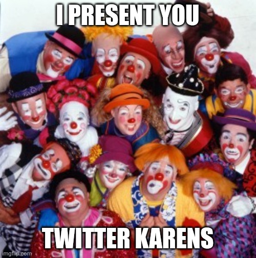 Clowns | I PRESENT YOU TWITTER KARENS | image tagged in clowns | made w/ Imgflip meme maker