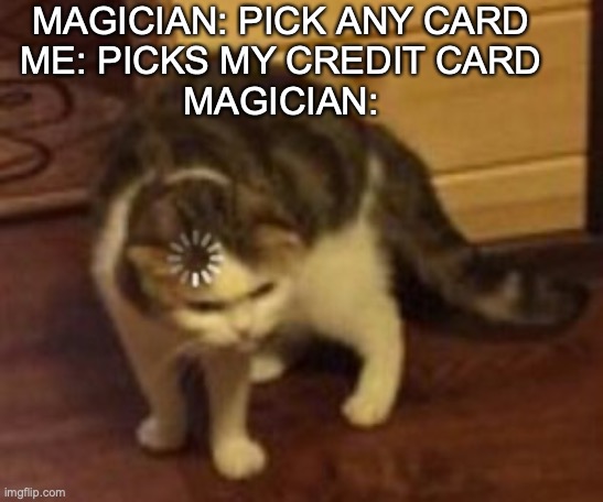 wrong card | image tagged in loading cat,magic trick,magician,memes,funny | made w/ Imgflip meme maker