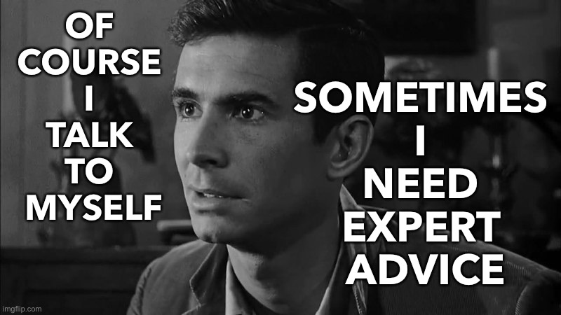 Sometimes I Need Expert Advice | OF 
COURSE 
I 
TALK 
TO 
MYSELF; SOMETIMES 
I 
NEED 
EXPERT 
ADVICE | image tagged in norman bates | made w/ Imgflip meme maker