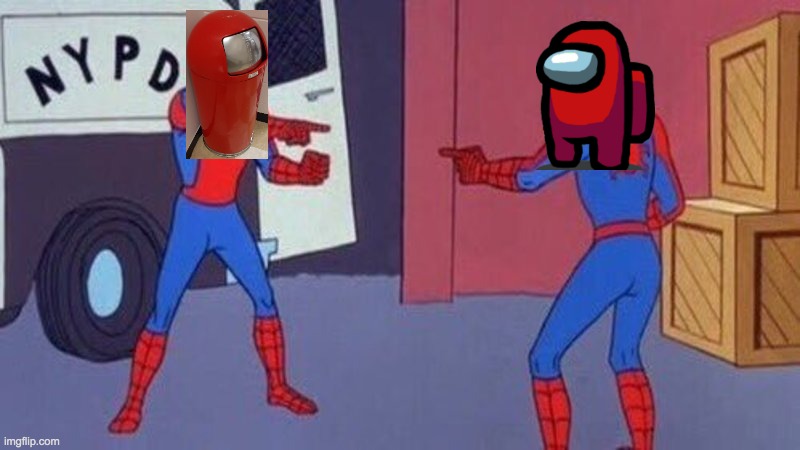 Who's the real Red? | image tagged in spiderman pointing at spiderman,among us,trash,trash can,tags,why are you reading this | made w/ Imgflip meme maker
