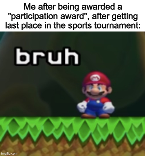 Are you kidding me? -_- | Me after being awarded a "participation award", after getting last place in the sports tournament: | image tagged in mario bruh | made w/ Imgflip meme maker