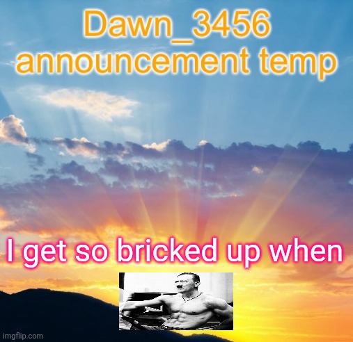 Dawn_3456 announcement | I get so bricked up when | image tagged in dawn_3456 announcement | made w/ Imgflip meme maker