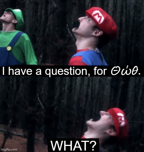 I have a question. For god...WHY? | Θώθ. I have a question, for WHAT? | image tagged in i have a question for god why | made w/ Imgflip meme maker