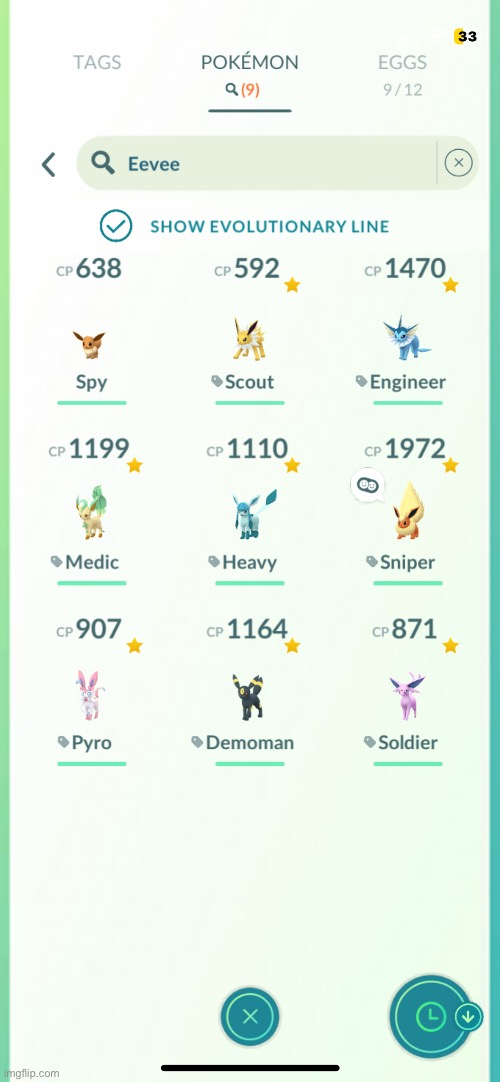 I named my eeveelutions after the tf2 characters:) | image tagged in tf2,eevee,pokemon go | made w/ Imgflip meme maker