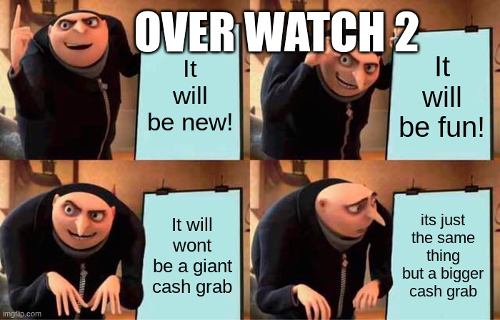 over watch 2 be like: | OVER WATCH 2; It will be new! It will be fun! It will wont be a giant cash grab; its just the same thing but a bigger cash grab | image tagged in memes,gru's plan,overwatch2,dissapointment,so true | made w/ Imgflip meme maker