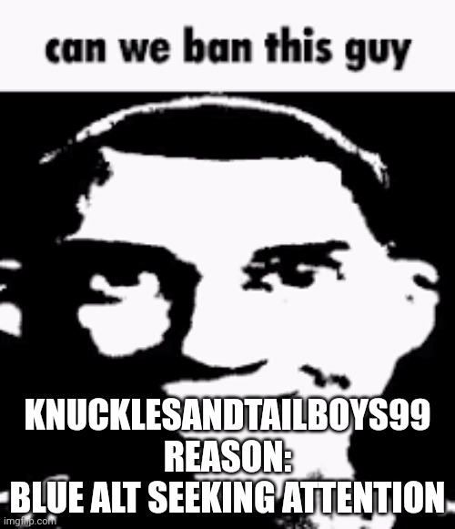 Can we ban this guy | KNUCKLESANDTAILBOYS99
REASON:
BLUE ALT SEEKING ATTENTION | image tagged in can we ban this guy | made w/ Imgflip meme maker