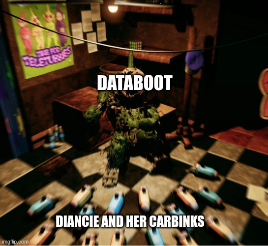 databoot live reaction to diancie and her carbinks running towards him | DATABOOT; DIANCIE AND HER CARBINKS | image tagged in dipsy tubbybot getting scared by a noo-noo horde,memes | made w/ Imgflip meme maker