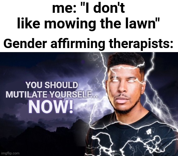 This is true lmaooo | me: "I don't like mowing the lawn"; Gender affirming therapists: | made w/ Imgflip meme maker