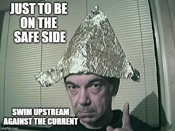 tin foil hat | JUST TO BE 
ON THE 
SAFE SIDE SWIM UPSTREAM
AGAINST THE CURRENT | image tagged in tin foil hat | made w/ Imgflip meme maker