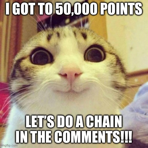 yay | I GOT TO 50,000 POINTS; LET’S DO A CHAIN IN THE COMMENTS!!! | image tagged in memes,smiling cat,imgflip points | made w/ Imgflip meme maker