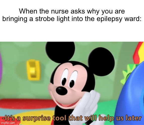 *chuckles fiendishly* | When the nurse asks why you are bringing a strobe light into the epilepsy ward: | image tagged in its a suprise tool that will help us later,true,mickey mouse | made w/ Imgflip meme maker