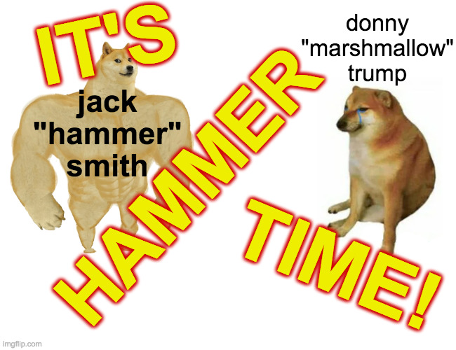 When the irresistible force meets the insensible object. | IT'S; donny
"marshmallow"
trump; jack
"hammer"
smith; HAMMER; TIME! | image tagged in memes,buff doge vs cheems,trump,jack hammer smith | made w/ Imgflip meme maker