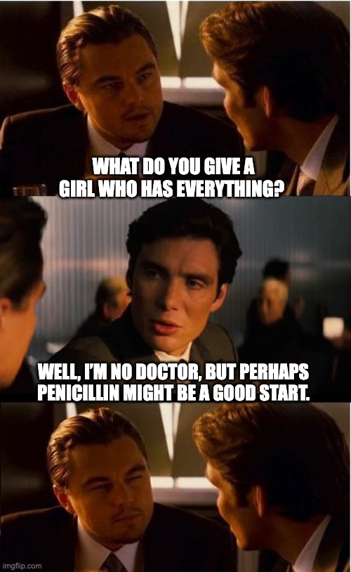 She has everything | WHAT DO YOU GIVE A GIRL WHO HAS EVERYTHING? WELL, I’M NO DOCTOR, BUT PERHAPS PENICILLIN MIGHT BE A GOOD START. | image tagged in memes,inception | made w/ Imgflip meme maker