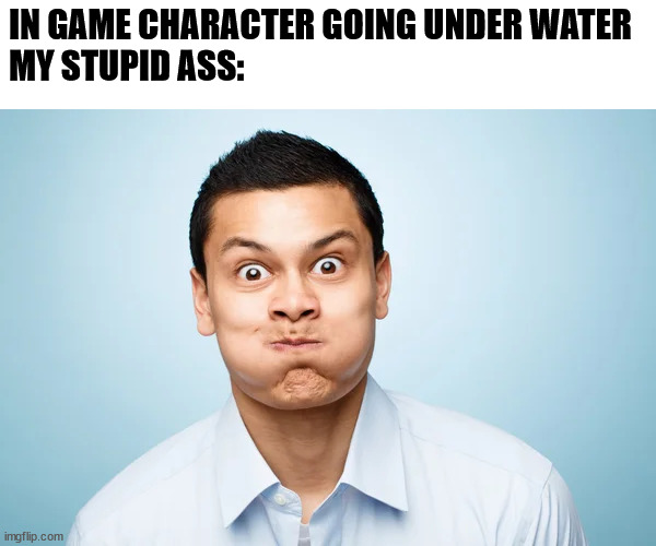 Every time when diving in Minecraft | IN GAME CHARACTER GOING UNDER WATER
MY STUPID ASS: | image tagged in funny,gaming,meme | made w/ Imgflip meme maker