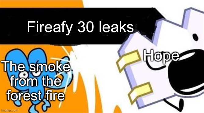Aaaaa | Fireafy 30 leaks; Hope; The smoke from the forest fire | image tagged in bfb editable | made w/ Imgflip meme maker