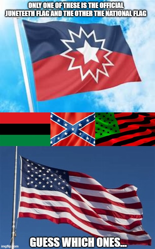 Juneteenth official flag | ONLY ONE OF THESE IS THE OFFICIAL JUNETEETH FLAG AND THE OTHER THE NATIONAL FLAG; GUESS WHICH ONES... | image tagged in juneteenth,flag,american flag | made w/ Imgflip meme maker