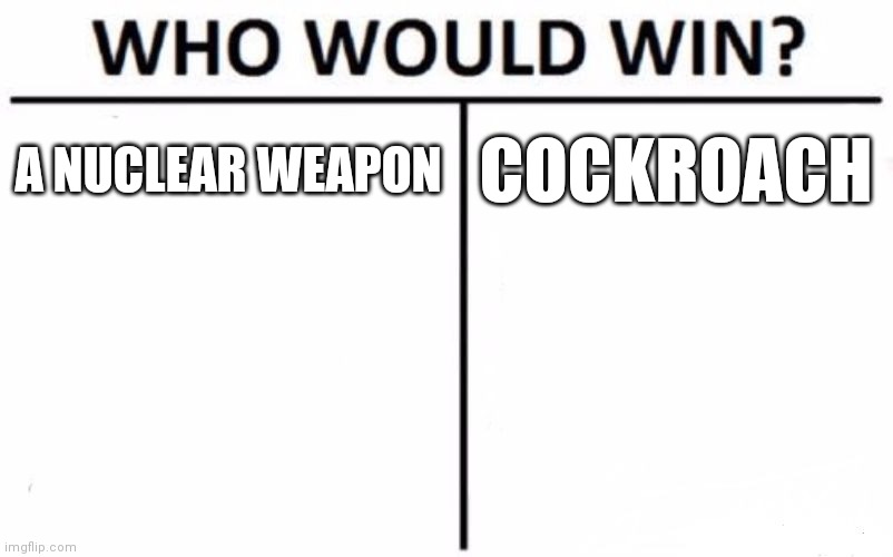 Who Would Win? Meme | A NUCLEAR WEAPON COCKROACH | image tagged in memes,who would win | made w/ Imgflip meme maker
