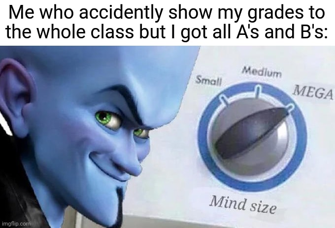 Mega Mind Size | Me who accidently show my grades to the whole class but I got all A's and B's: | image tagged in mega mind size | made w/ Imgflip meme maker