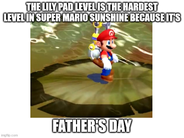 happy father's day | THE LILY PAD LEVEL IS THE HARDEST LEVEL IN SUPER MARIO SUNSHINE BECAUSE IT'S; FATHER'S DAY | image tagged in father's day,mario | made w/ Imgflip meme maker