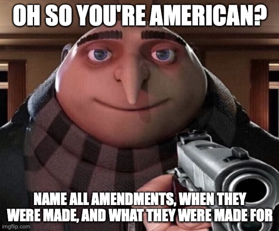 Gru Gun | OH SO YOU'RE AMERICAN? NAME ALL AMENDMENTS, WHEN THEY WERE MADE, AND WHAT THEY WERE MADE FOR | image tagged in gru gun | made w/ Imgflip meme maker